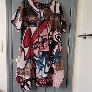 Abstract Asymmetrical Dress in Pink, Brown, and Blue